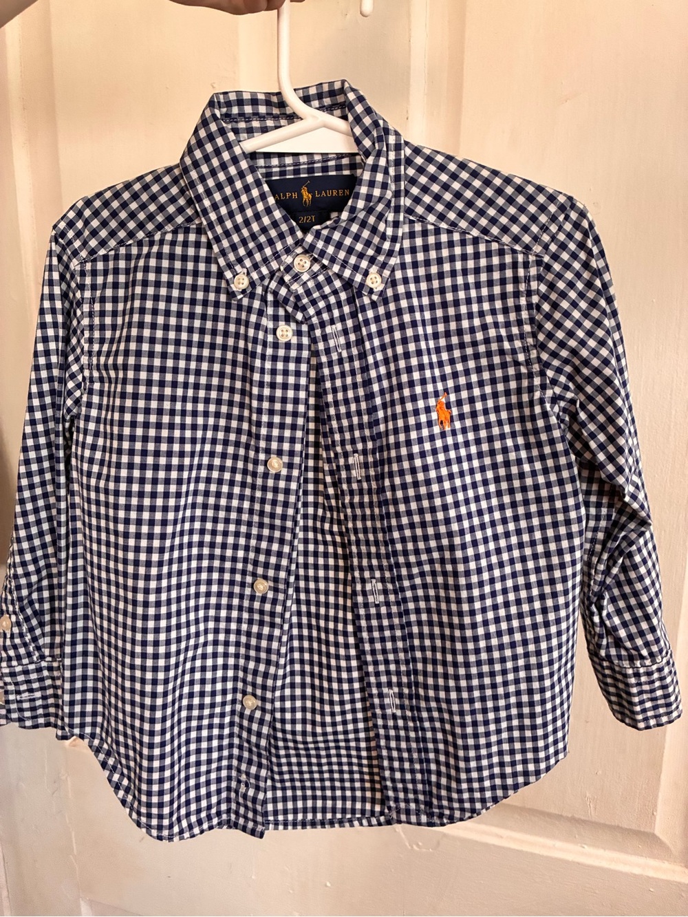 Ralph Lauren Navy & White Gingham Button-Down Shirt with Orange Pony